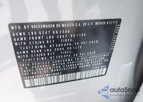 2018 Volkswagen Tiguan 2.0T Se/2.0T Sel z USA, uszkodzony, nr VIN 3VV3B7AX2JM018897